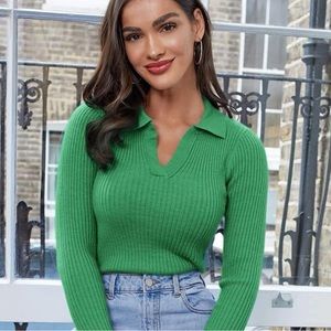 Collared rib knit sweater green
